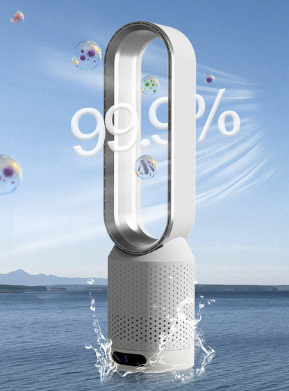 Ventilatore senza pale 3-in-1 multifunzione, design elegante, colori blu, rosa, argento, oro, dimensioni 58x14,5 cm.