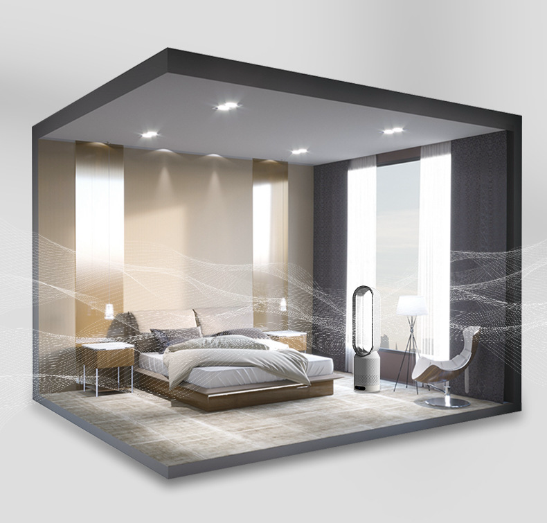 Ventilatore senza pale 3-in-1 multifunzione, design elegante, colori blu, rosa, argento, oro, dimensioni 58x14,5 cm.