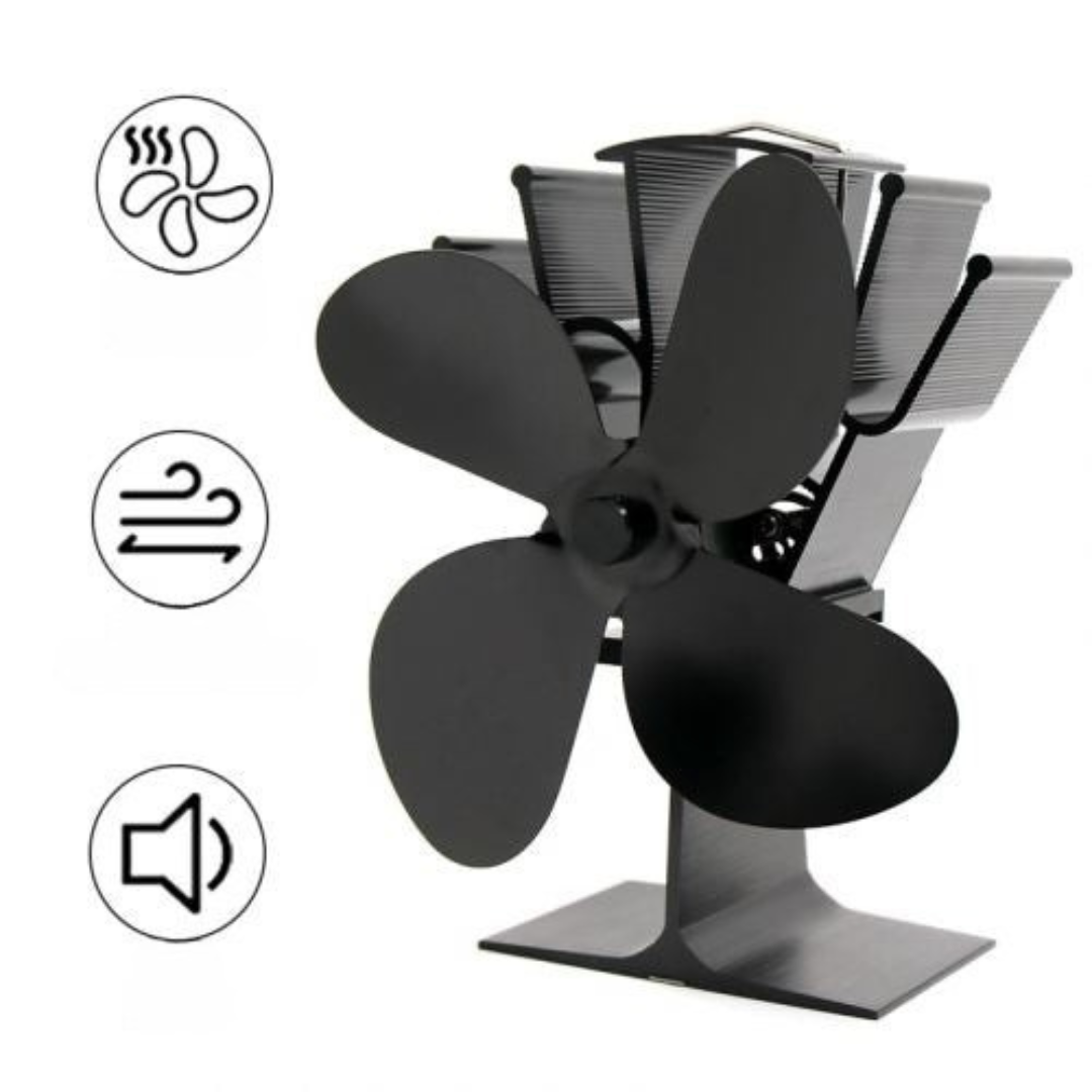 Ventola ecologica nera a calore con 4 pale in alluminio per caminetti, distribuisce aria calda efficacemente senza elettricit
