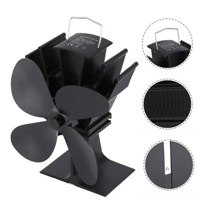 Ventola ecologica nera a calore con 4 pale in alluminio per caminetti, distribuisce aria calda efficacemente senza elettricit