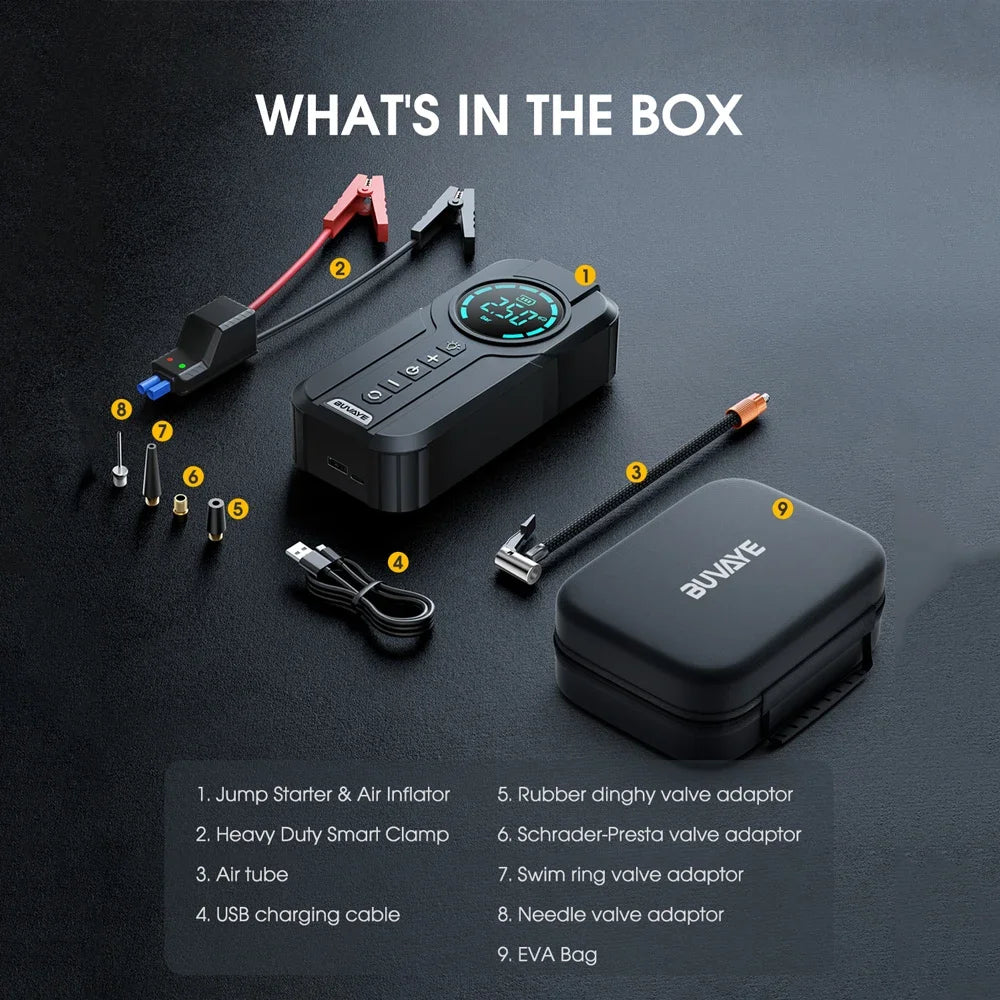 Multifunctional jump starter with tire inflator, power bank, and bright LED for vehicle safety
