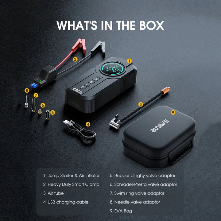 Multifunctional jump starter with tire inflator, power bank, and bright LED for vehicle safety