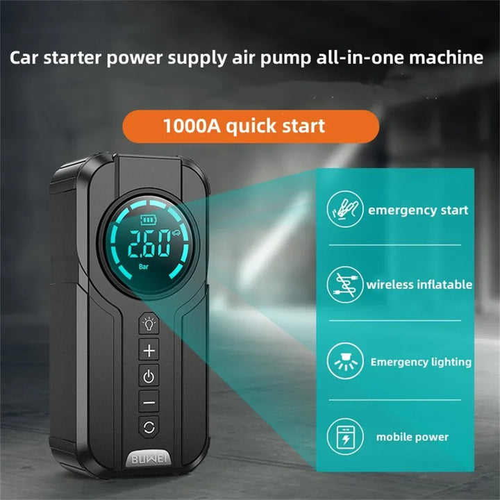 Portable 1000A car jump starter and air compressor for emergency roadside assistance