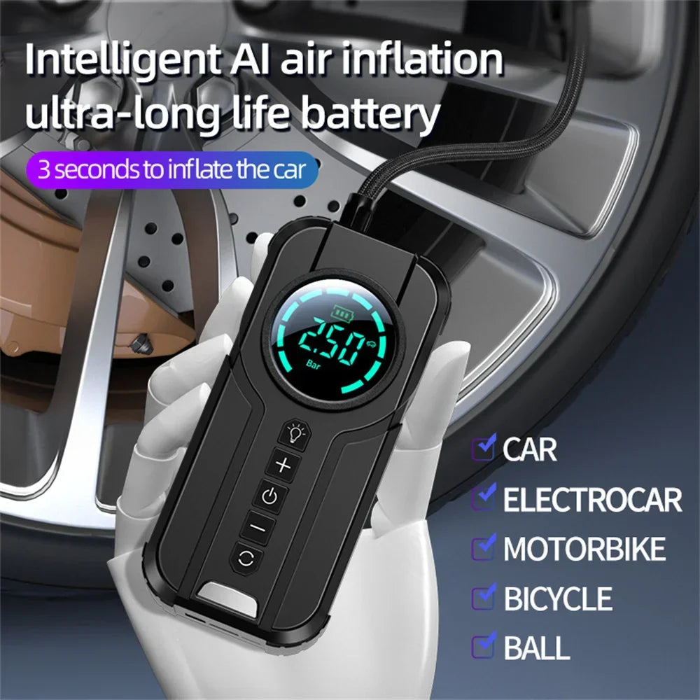 Emergency car starter kit with built-in tire inflator, power bank, and bright LED flashlight