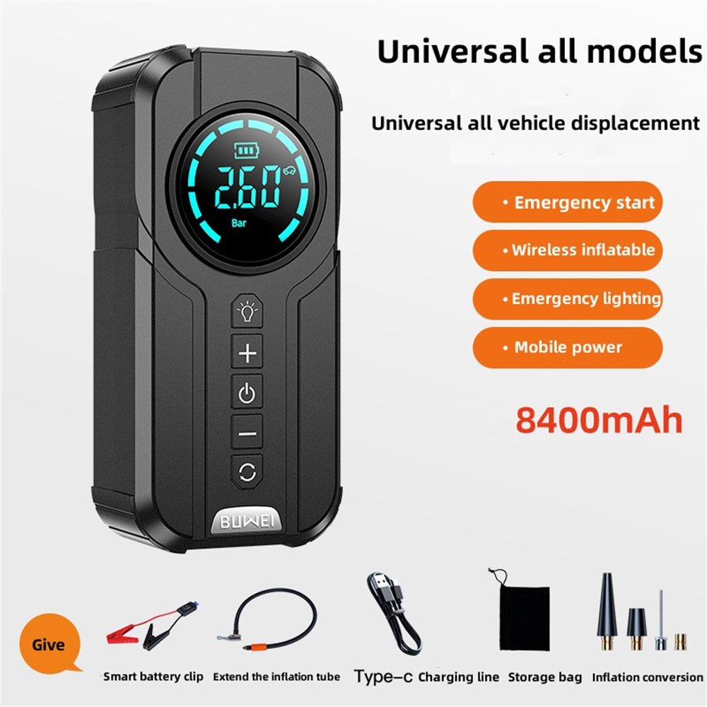 Universal automotive tool: 4-in-1 jump starter, air compressor, power bank, and safety light