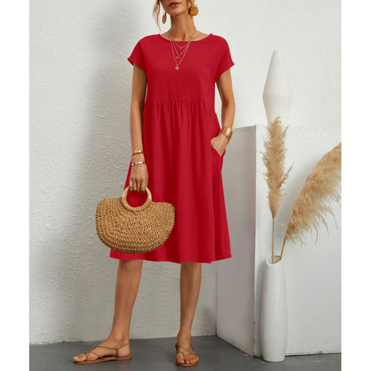"Vestito midi estivo donna elegante poliestere, taglio largo, orlo ampio, colori vibranti, perfetto per occasioni estive."