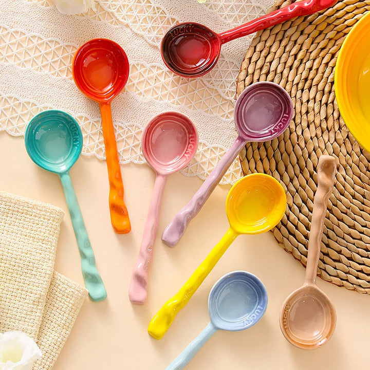 Vibrant 8-piece ceramic serving spoons set for kitchen & dining. Colorful tableware utensils.