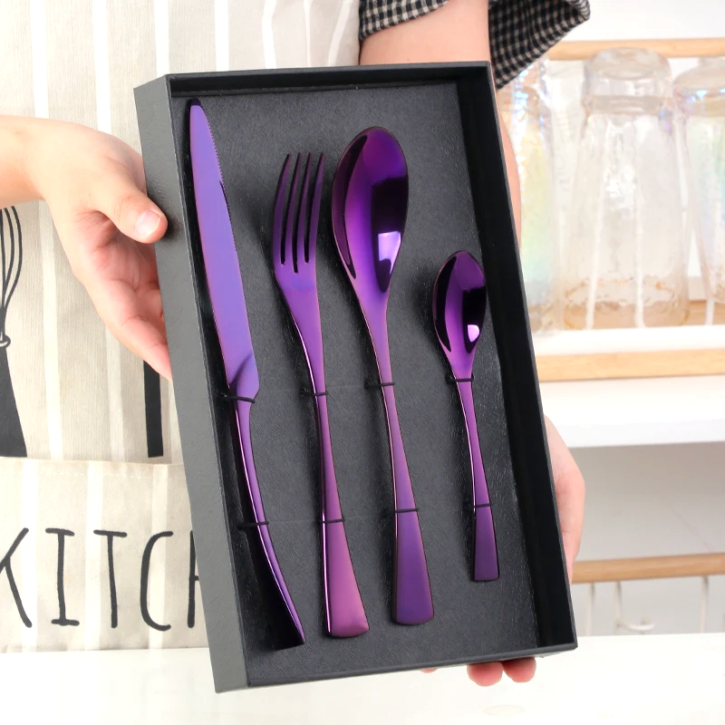 Vibrant, elegant stainless steel cutlery set with modern design for dining. Perfect colorful flatware gift.