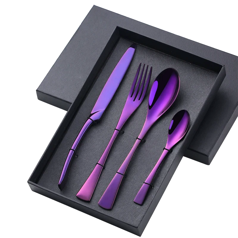 Modern stainless steel flatware set in vibrant colors, ideal for kitchen dining and elegant dinnerware.