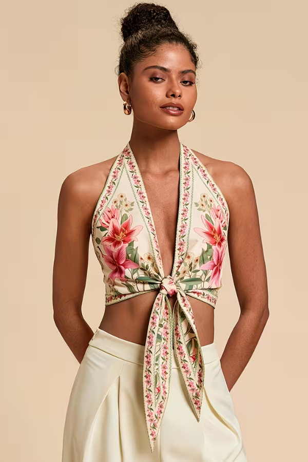 Versatile women's vibrant floral halter top, perfect for summer fashion, casual or vacation outfits.