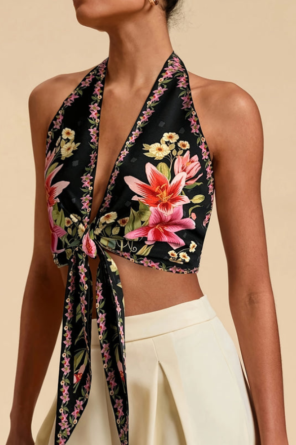 Bright vibrant floral halter top for women, a colorful addition to any summer fashion wardrobe.