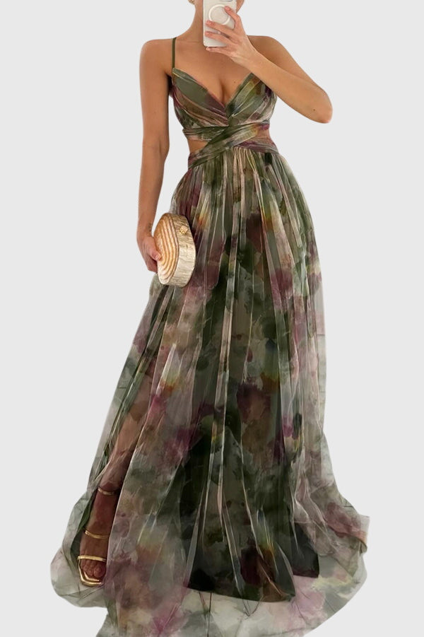 Beautiful women's vibrant floral maxi dress, high-waisted design with adjustable straps for ultimate summer comfort.