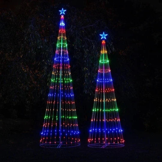 Tall multicolor LED animated Christmas tree outdoor lightshow, ideal for festive garden and yard lighting.
