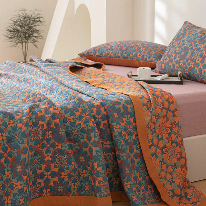 Luxurious orange & blue six-layer cotton duvet. Premium, comfortable bedding quilt for a restful sleep.