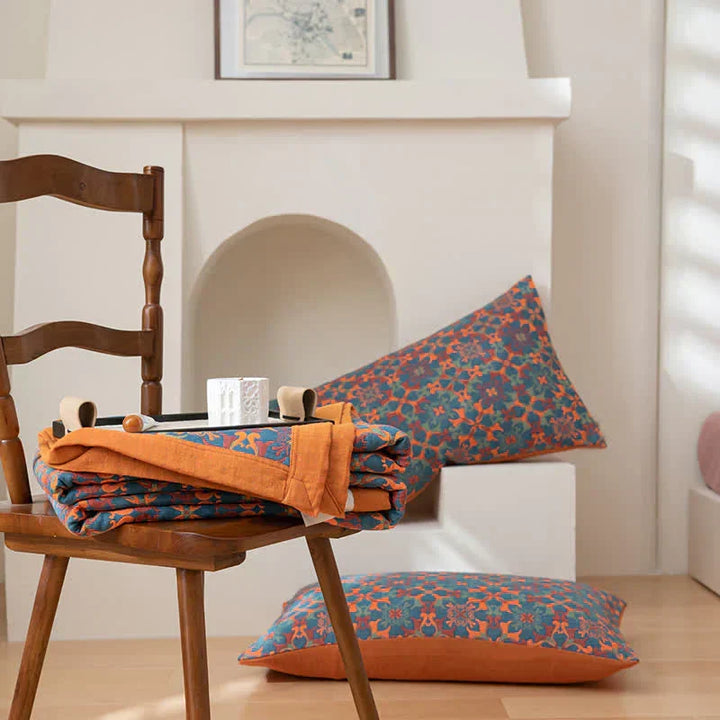 Stylish orange & blue cotton quilt. Vibrant six-layer duvet adds warmth & color to any bedroom decor.