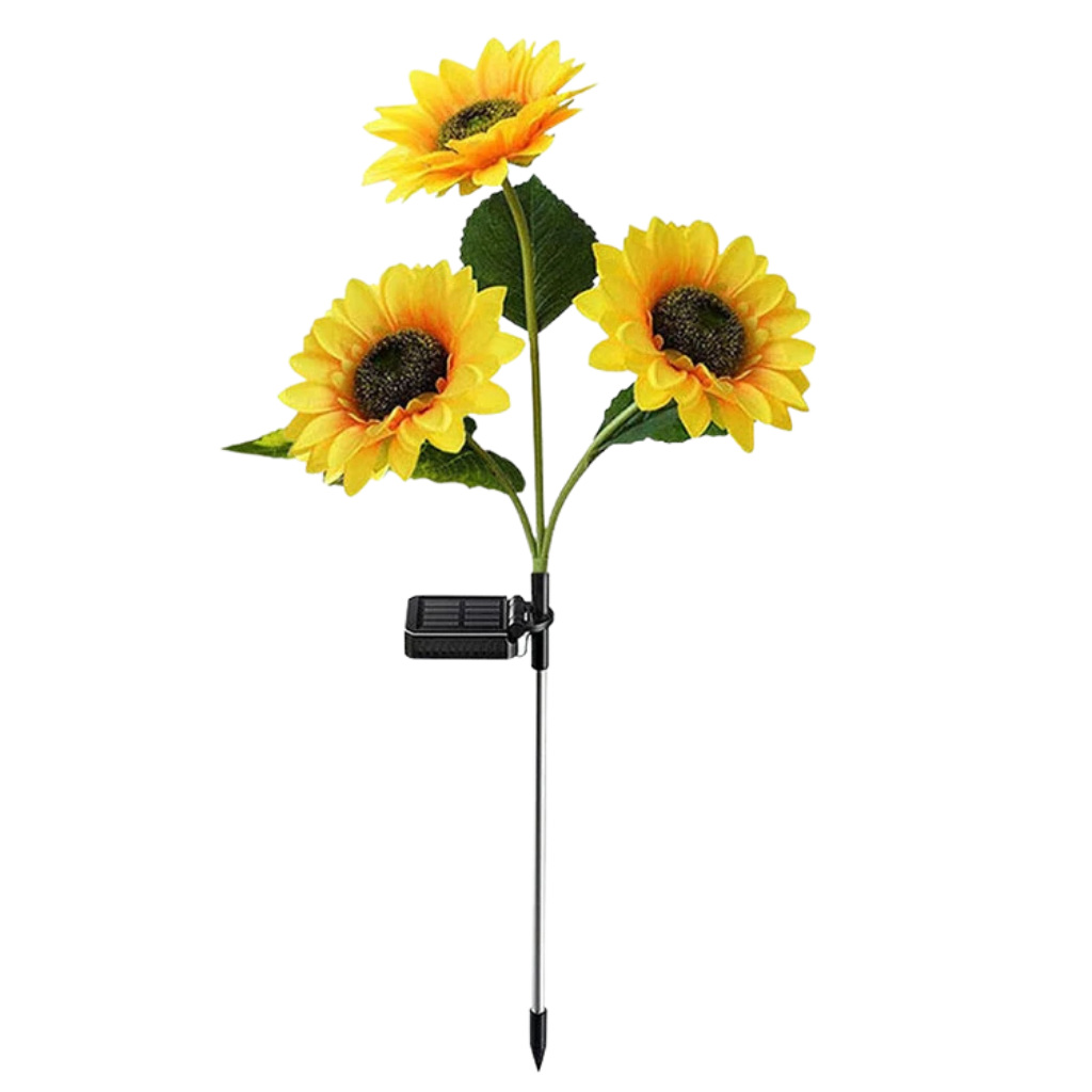 Close-up of a solar flower light showcasing detailed petals and a bright LED, perfect for garden decor.