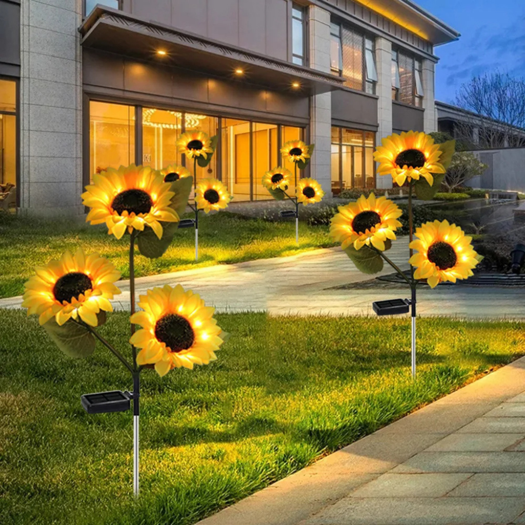 Solar LED flower lights in various stages of bloom, showcasing their vibrant colors for garden enhancement.