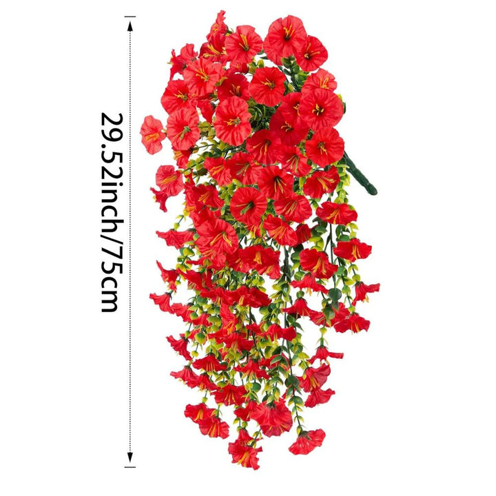 UV resistant artificial morning glory hanging plant. Realistic faux flowers and vines for long-lasting outdoor decor.