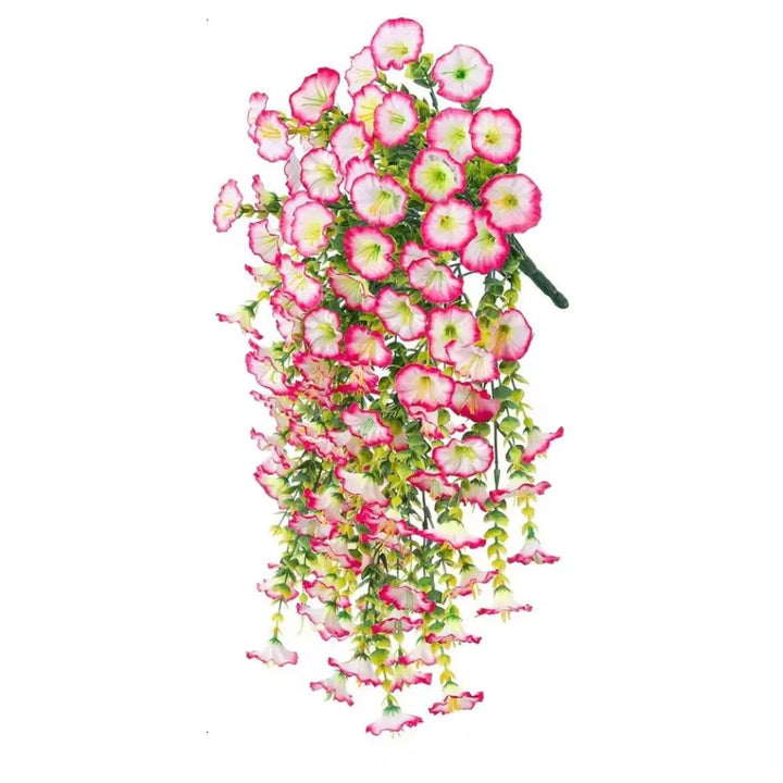 Vibrant artificial morning glory garland. Fake plants ideal for indoor, outdoor, balcony, or patio hanging decor.