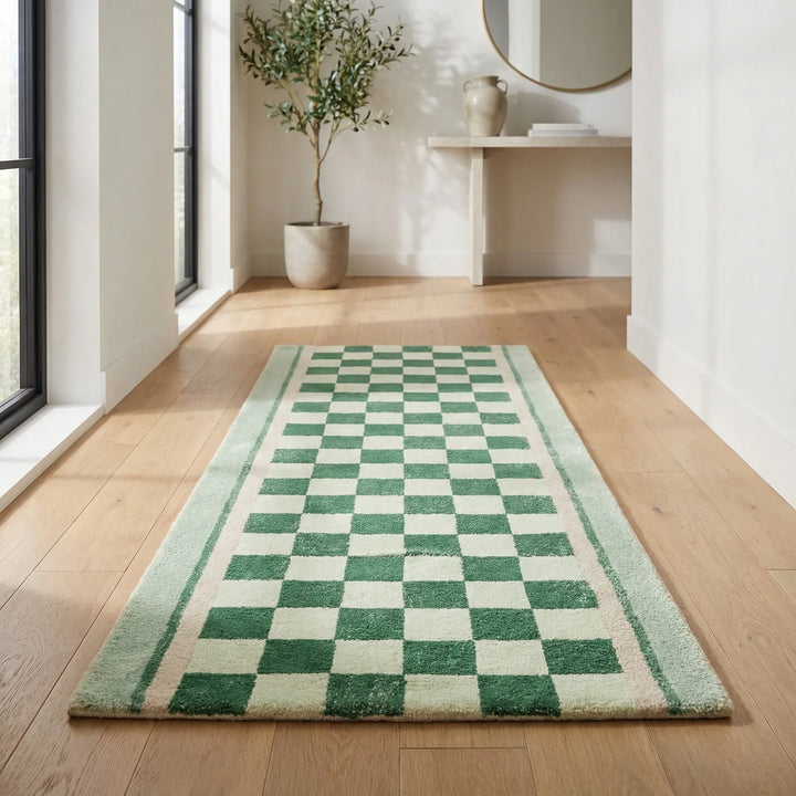 Unisex vintage checkerboard runner rug. Green, blue, yellow waves for vibrant hallway and entryway decor.