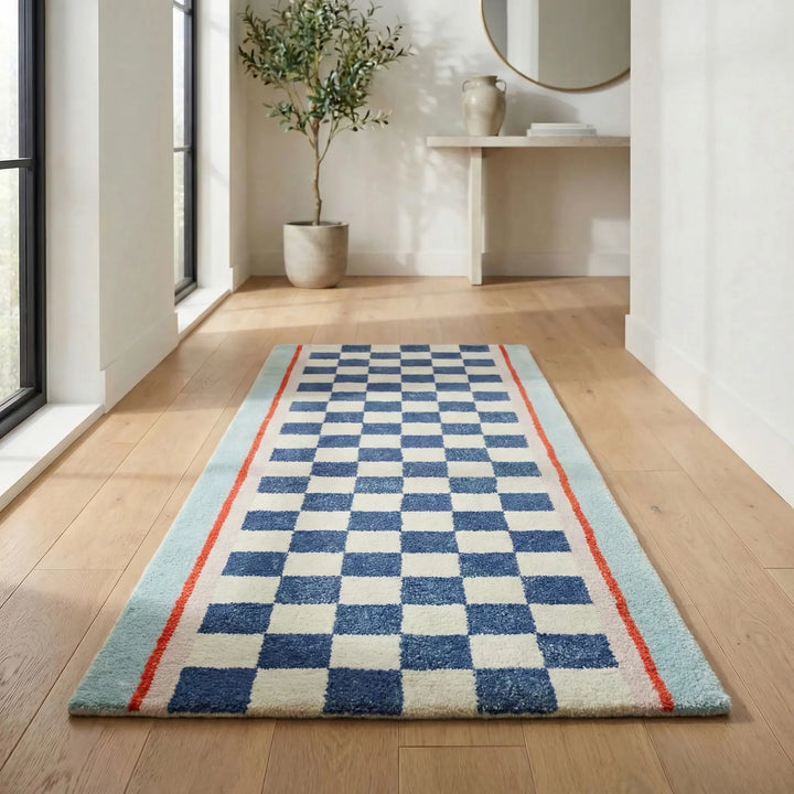 Statement vintage checkerboard runner rug with green, blue, yellow waves. Non-slip hallway & entryway mat.