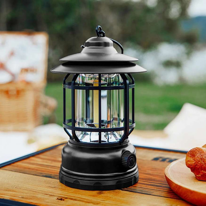 Vintage rechargeable LED camping lantern with dimmable light, perfect for outdoor adventures and emergency use.