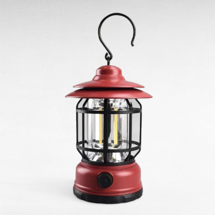 Classic vintage design rechargeable LED camping lantern, dimmable for optimal outdoor and indoor lighting.