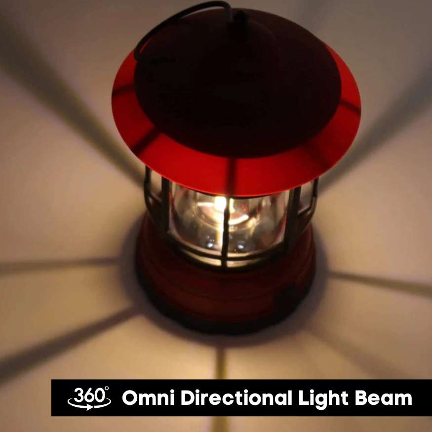 Dimmable vintage LED camping lantern, rechargeable, providing warm light for outdoor camping and home.