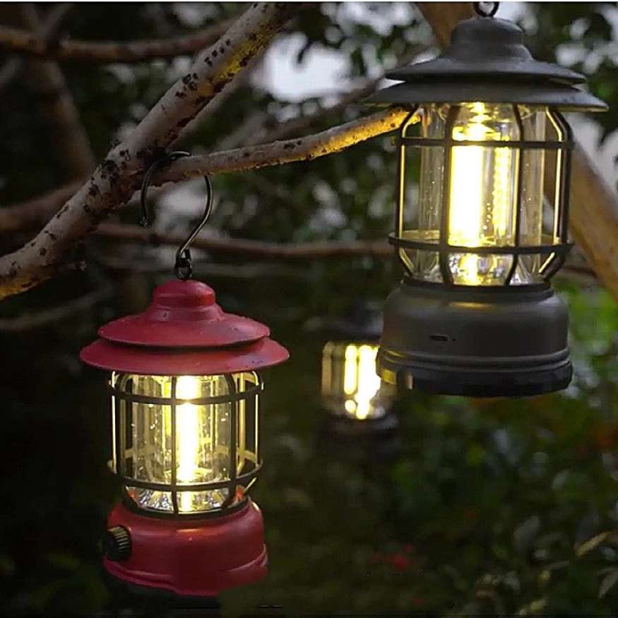 Rechargeable LED camping lantern in vintage style, offering versatile lighting for camping and emergencies.
