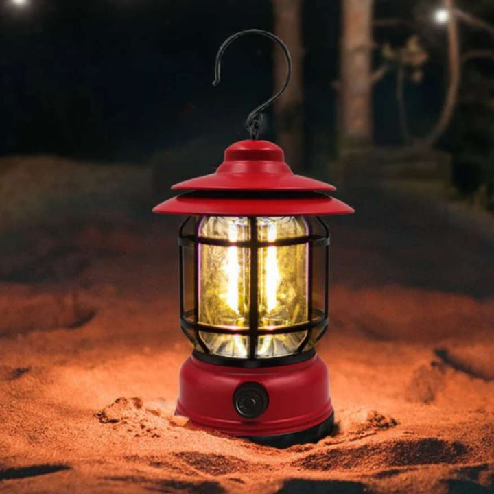 Outdoor vintage LED camping lantern, rechargeable and dimmable, offering reliable lighting.