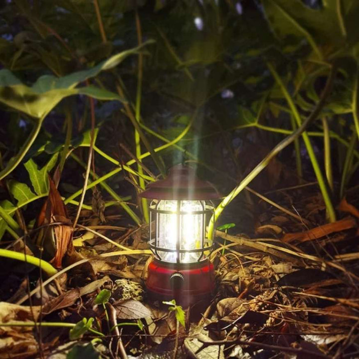 Elegant vintage rechargeable LED lantern for camping, with adjustable brightness for ambiance.