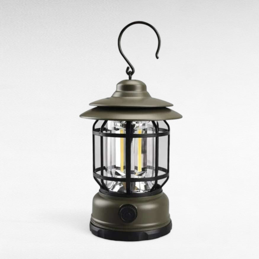 Emergency rechargeable LED camping lantern, vintage style, providing essential lighting outdoors.