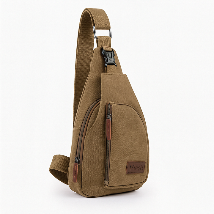 Vintage unisex canvas chest sling bag in brown, perfect for daily carry & travel. Crossbody shoulder pack.