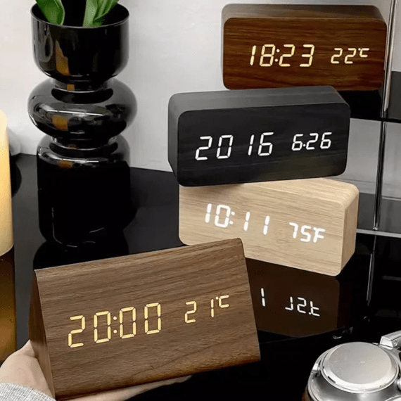 Modern wooden LED clock with smart voice activation, a sleek addition to any home decor.
