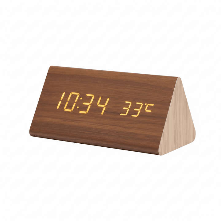 Minimalist voice activated LED wooden clock on a desk, a smart and stylish time display.