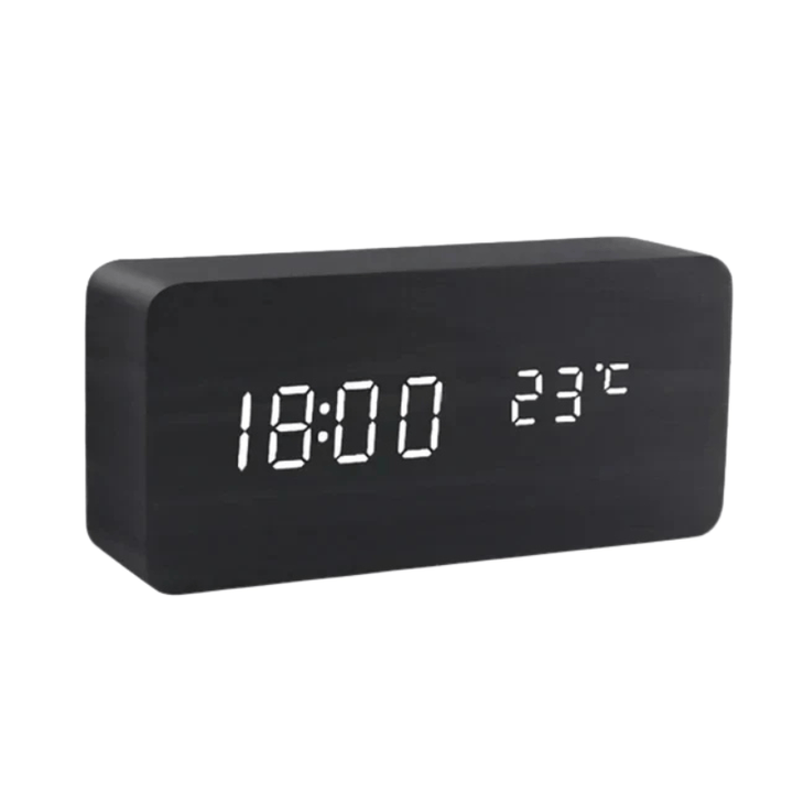 Dark wood voice activated LED clock, a smart digital table clock for contemporary home decor.
