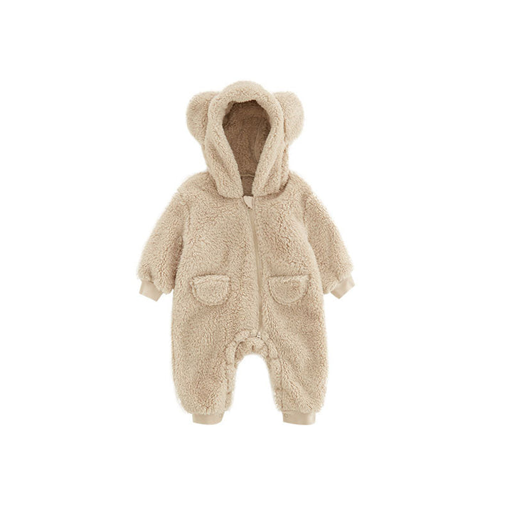 Soft fleece baby romper with adorable animal print, warm and comfy infant outfit for chilly days.