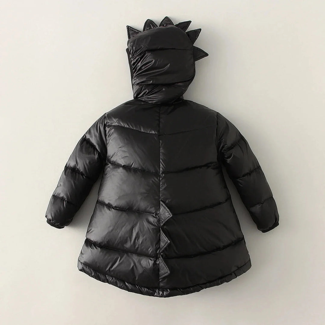 Durable kids' blue dino puffer jacket, windproof & warm, perfect for boys' & girls' winter adventures.