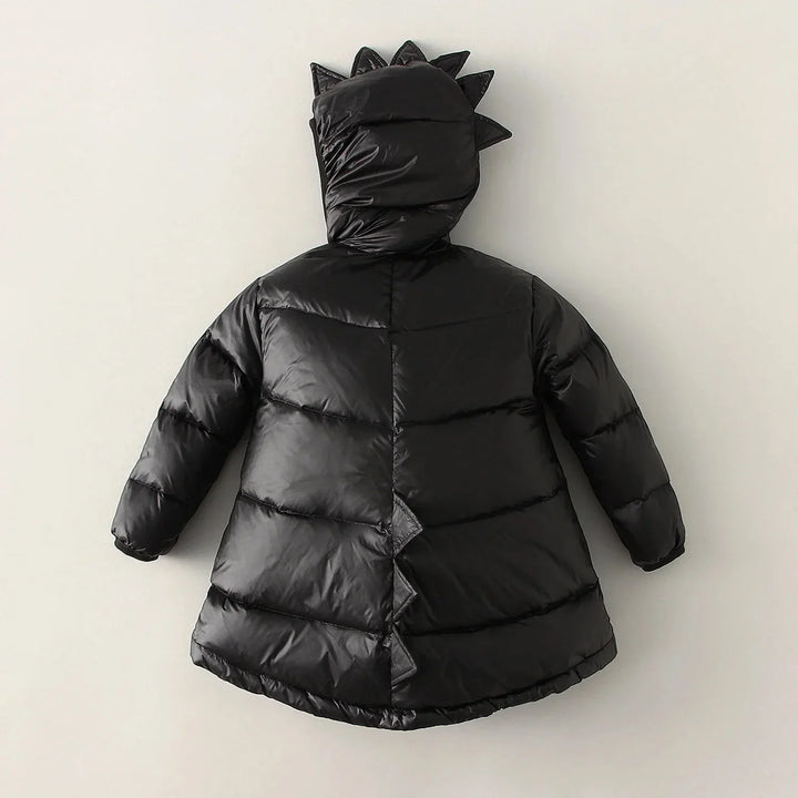 Durable kids' blue dino puffer jacket, windproof & warm, perfect for boys' & girls' winter adventures.