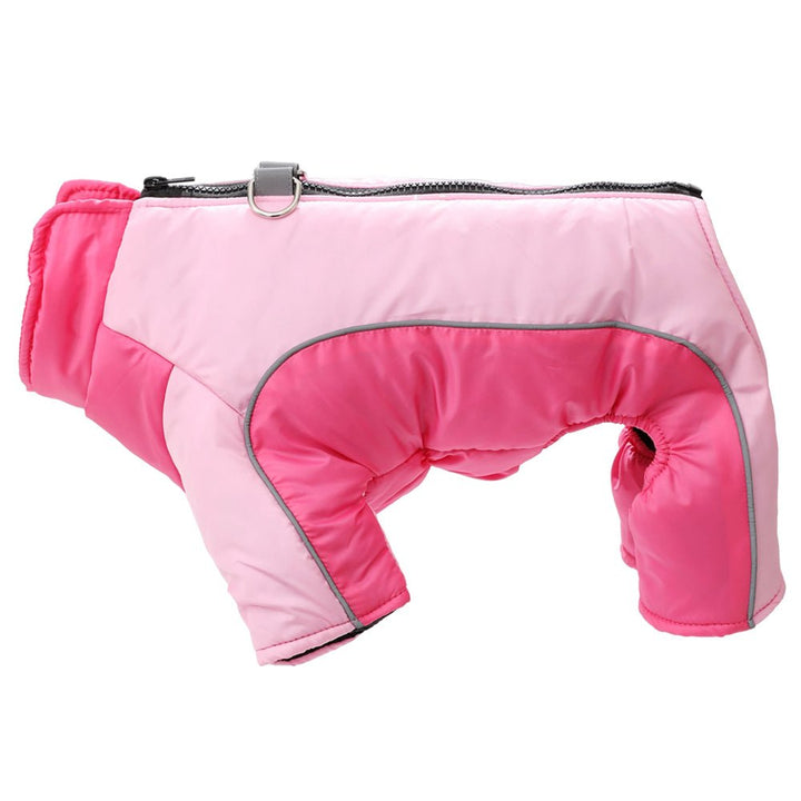 Winter dog coat, waterproof & warm, with reflective stripes for secure outdoor play.