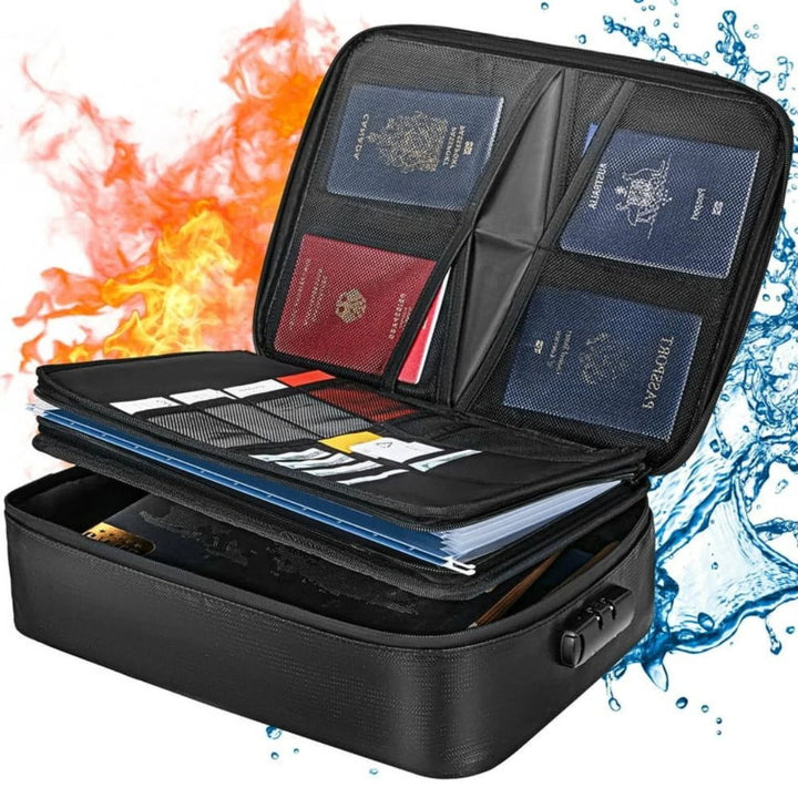 Waterproof fireproof document safe bag for secure storage of valuables, cash, & important papers at home or office.