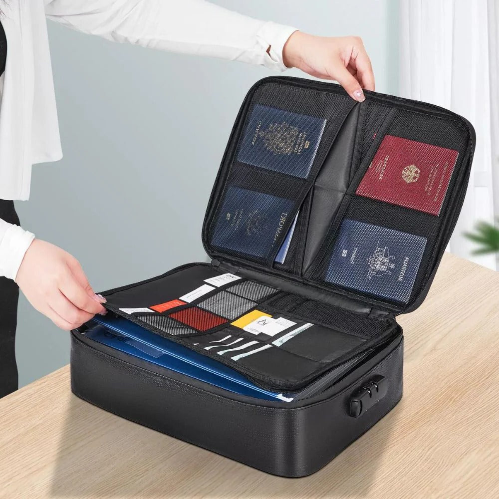 Portable fireproof waterproof bag protecting documents, cash & passports from fire & water damage; for home security.