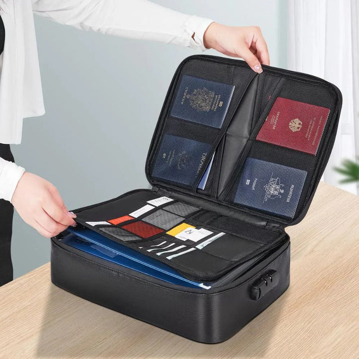 Portable fireproof waterproof bag protecting documents, cash & passports from fire & water damage; for home security.
