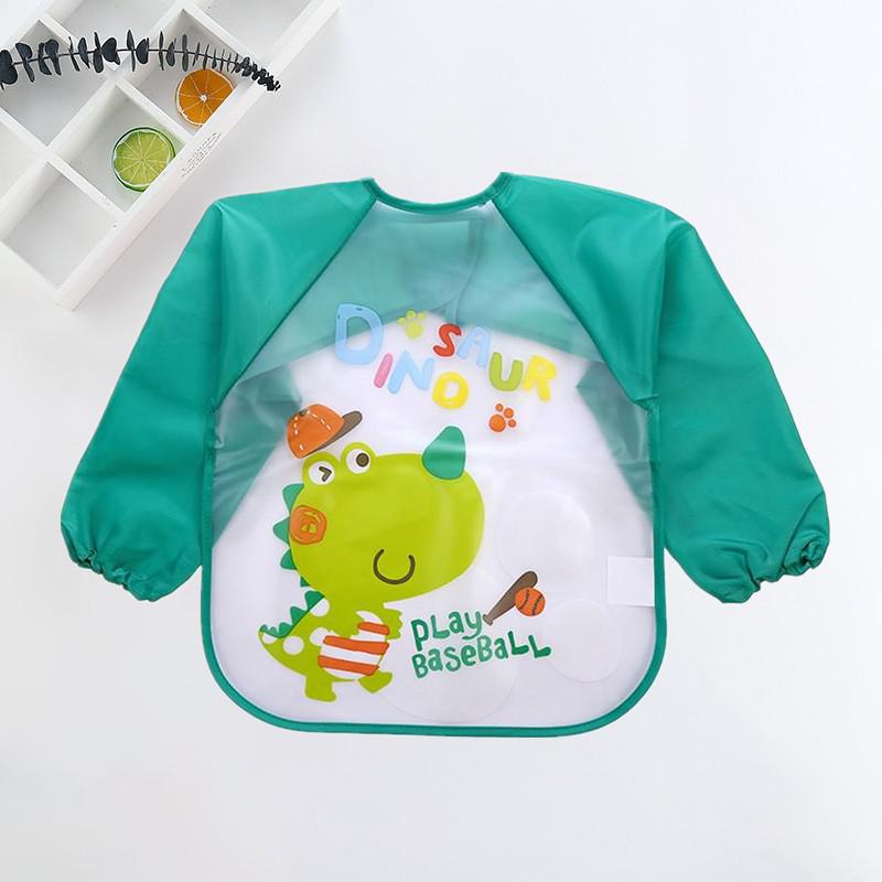 Durable waterproof baby bib with sleeves, designed for easy clean-up after messy meals.