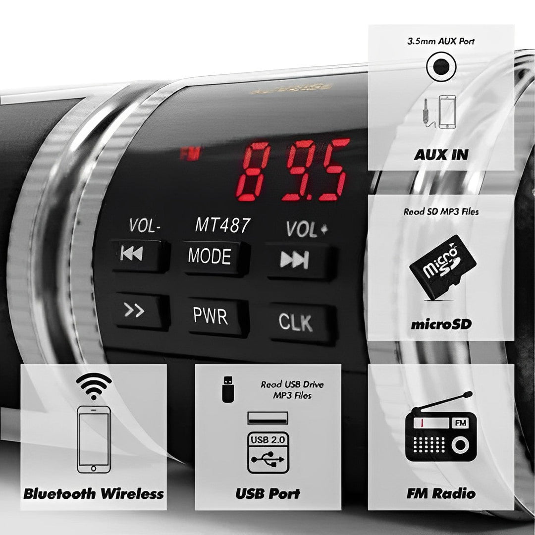 Universal motorcycle Bluetooth speakers, providing crystal-clear sound. Durable, weather-resistant audio for bikes.