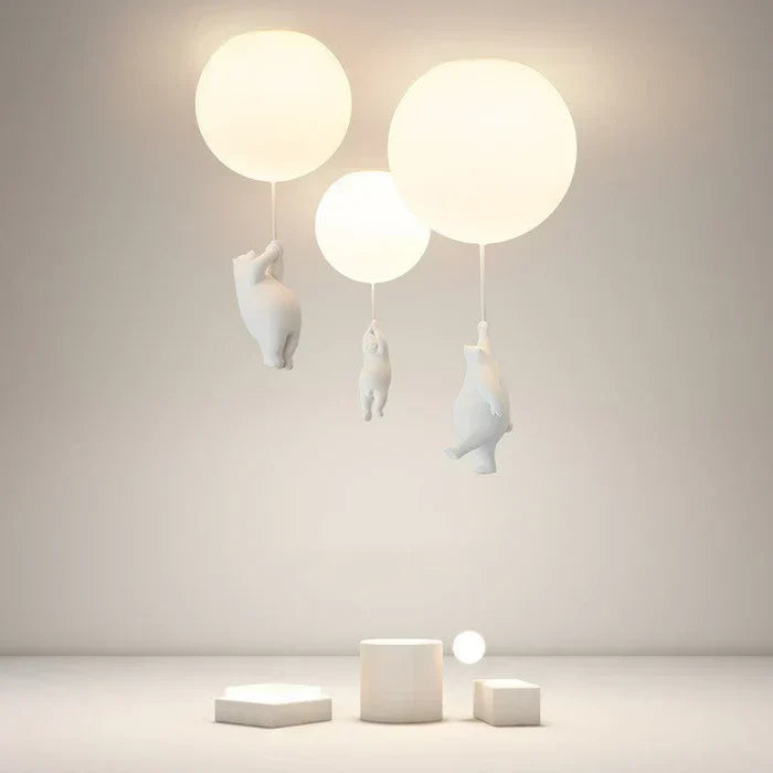 Cute bear & hot air balloon ceiling light. A playful LED pendant lamp for children's bedroom decor.