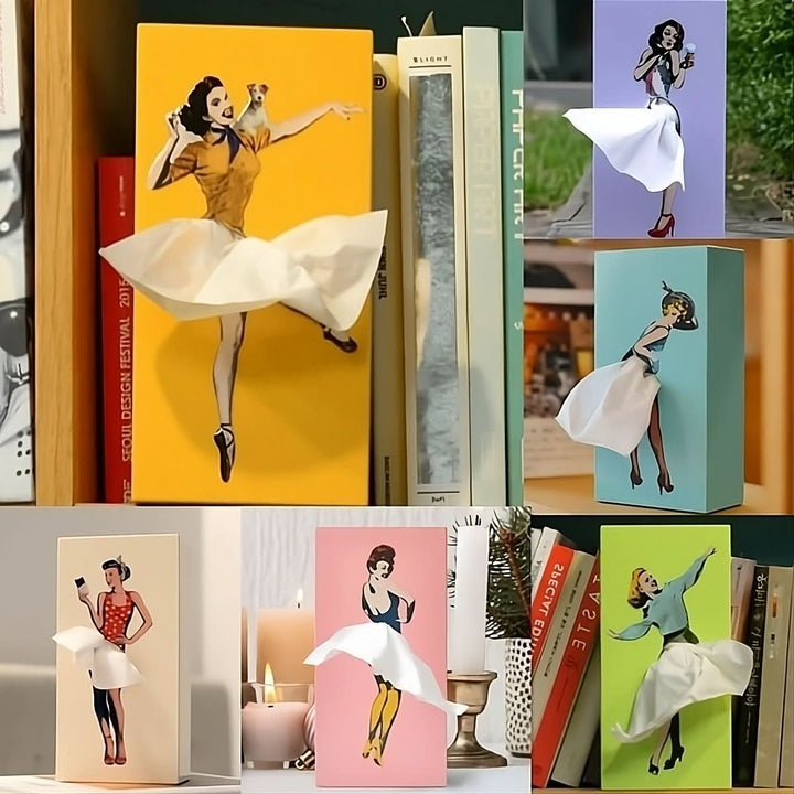Colorful Whimsical Dancer tissue box cover, a unique modern home decor organizer.