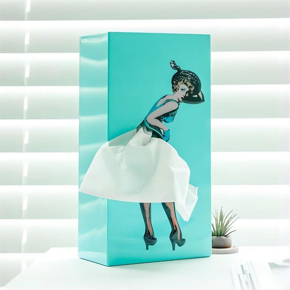 Unique plastic Whimsical Dancer tissue box cover, a vibrant and whimsical home accent.