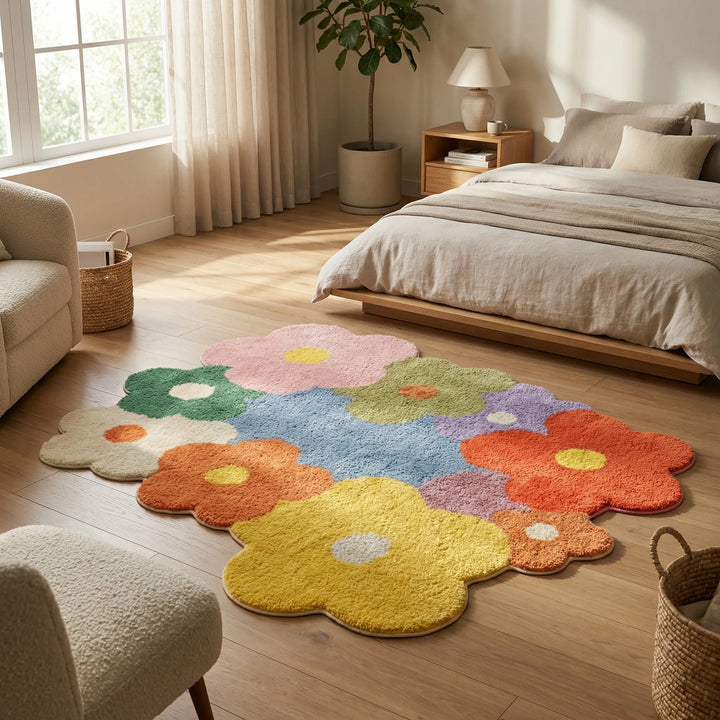 Whimsical floral area rug for living room. Soft, colorful flower design with subtle waves. Perfect home decor.