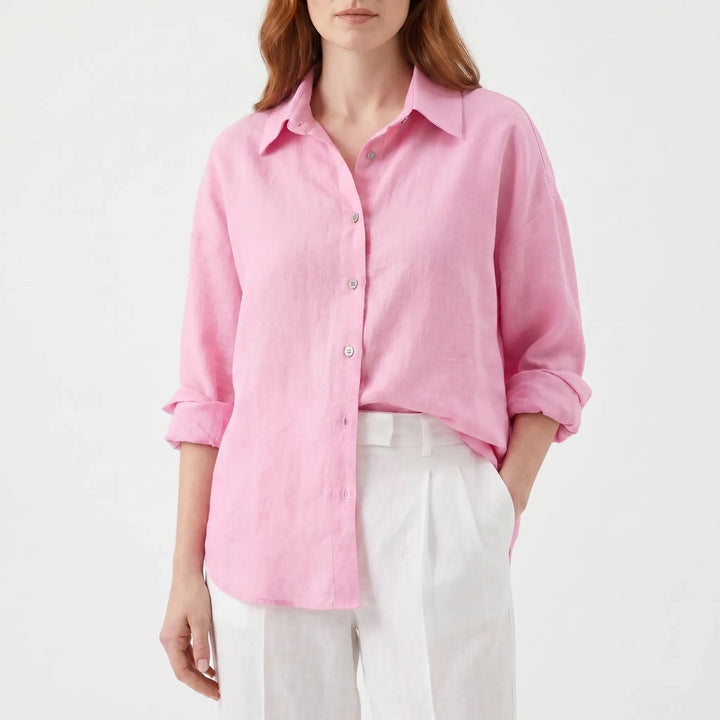 Effortless women's oversized button-down shirt, a comfortable relaxed fit top perfect for casual summer fashion.
